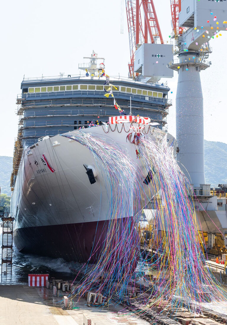 mitsubishi-shipbuilding-holds-christening-and-launch-ceremony-of-large-car-ferry-keyaki-in-shimonoseki–-first-of-two-large-car-ferries-ordered-by-shinnihonkai-ferry-and-japan-railway-construction,-transport-and-technology-agency-—